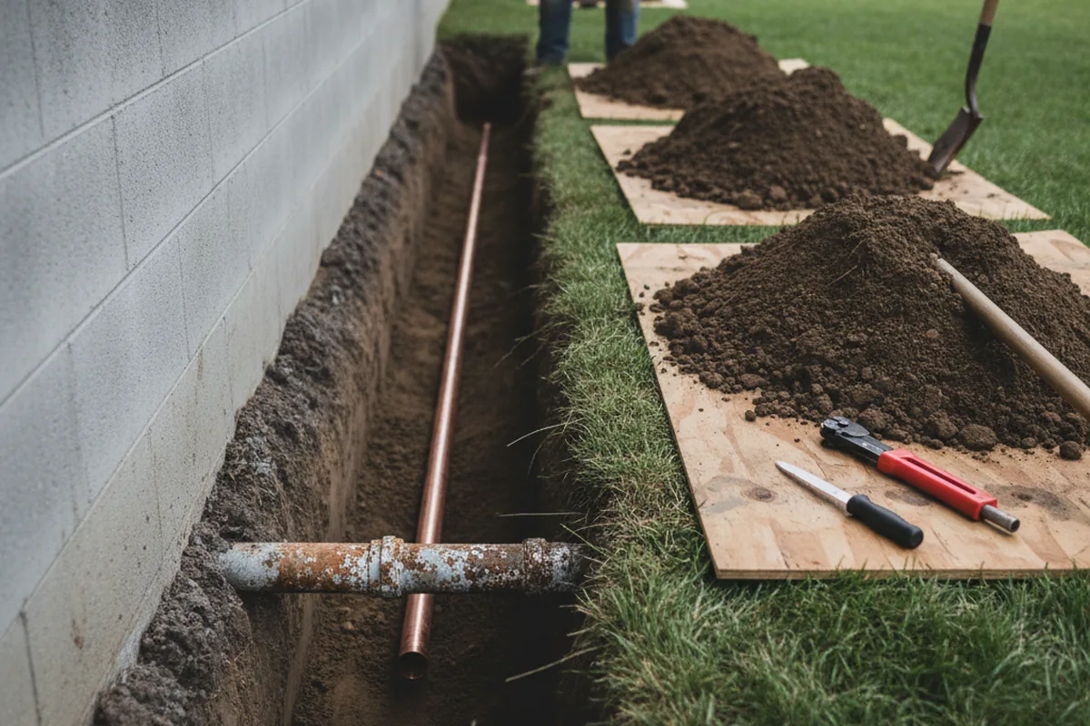 Excavated water line trench during Sewer Line Repair in Cable